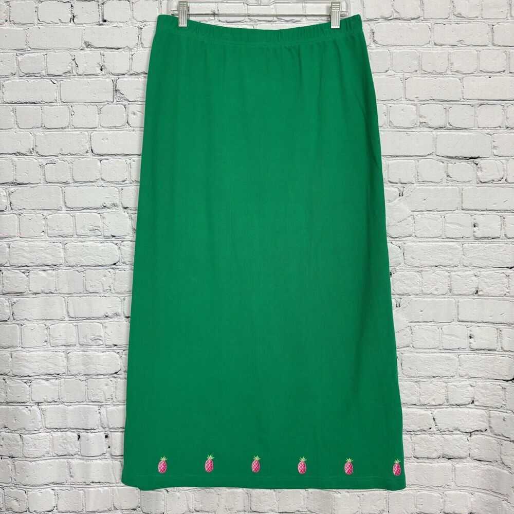 Quacker Factory Green Long Maxi Skirt Womens Size L Embroidered Hem Cotton